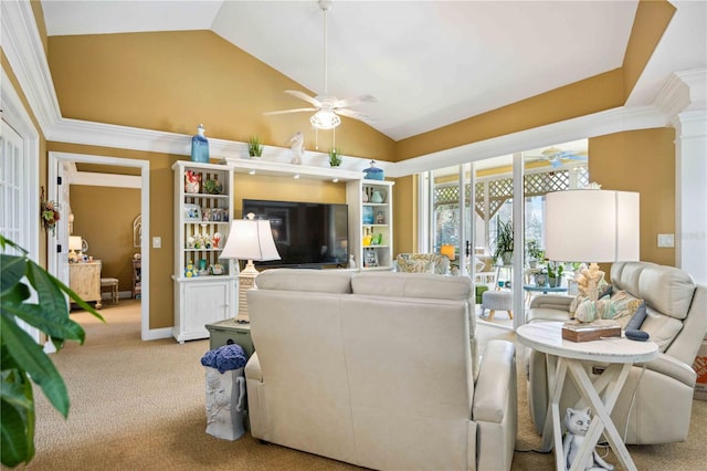 living room featuring ceiling fan, light colored carpet, lofted ceiling, and crown molding