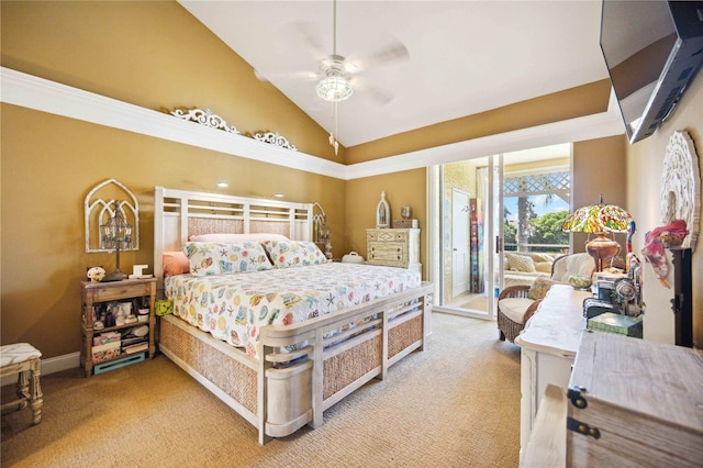 bedroom featuring high vaulted ceiling, ceiling fan, light carpet, and access to outside