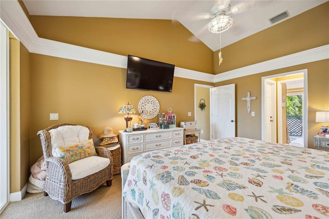 bedroom featuring carpet, ceiling fan, lofted ceiling, and ornamental molding