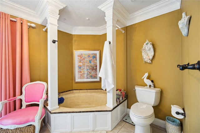 bathroom featuring tile patterned flooring, a washtub, toilet, ornamental molding, and a textured ceiling