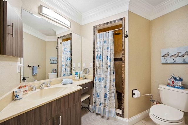 bathroom featuring vanity, a shower with curtain, crown molding, tile patterned flooring, and toilet