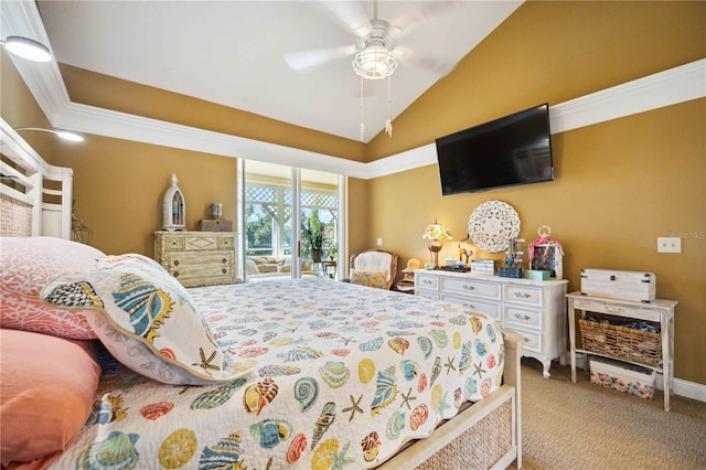 carpeted bedroom with access to exterior, vaulted ceiling, ceiling fan, and crown molding