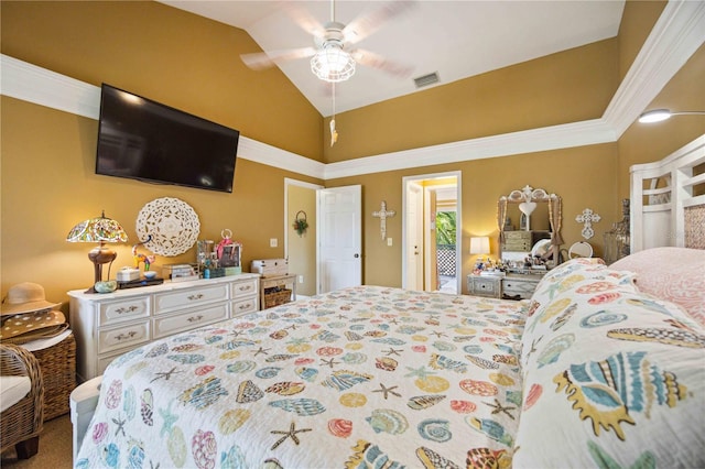 bedroom featuring carpet, high vaulted ceiling, ceiling fan, and ornamental molding