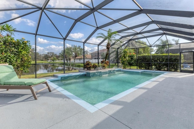 view of pool featuring a water view, a patio area, and a lanai