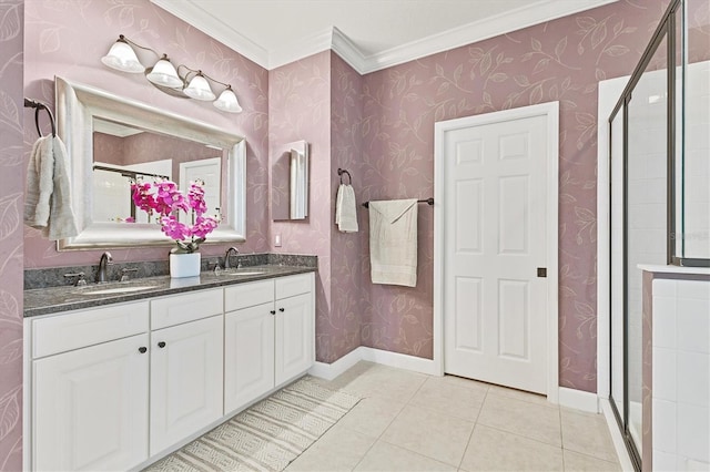 bathroom featuring tile patterned floors, walk in shower, vanity, and ornamental molding