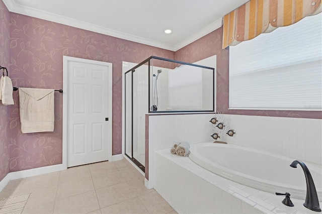 bathroom with tile patterned floors, separate shower and tub, and ornamental molding