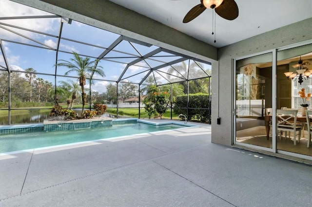 view of swimming pool with ceiling fan, a water view, a patio area, and glass enclosure