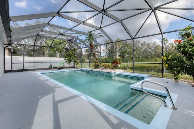 view of swimming pool featuring a lanai, a patio, and a water view