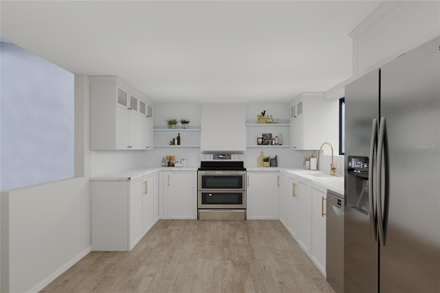 kitchen with light wood-type flooring, white cabinetry, sink, and appliances with stainless steel finishes