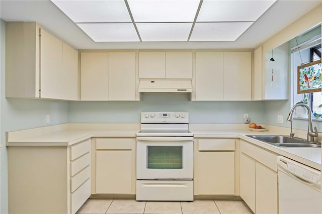 6515 Heritage Ln Unit 2615, Bradenton, FL 34209 - kitchen with white appliances, cream cabinetry, under cabinet range hood, a sink, and light countertops