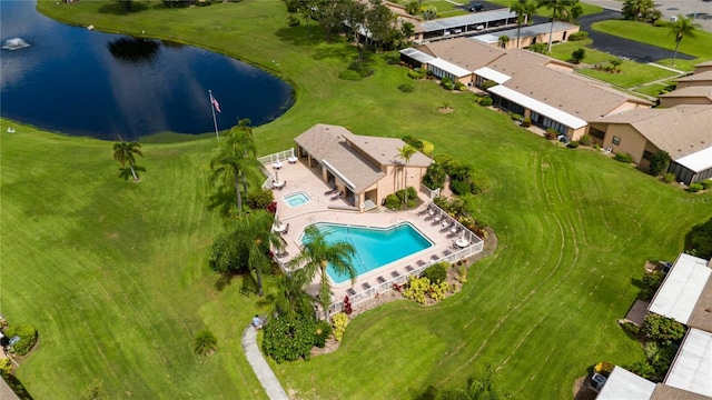 drone / aerial view with a water view