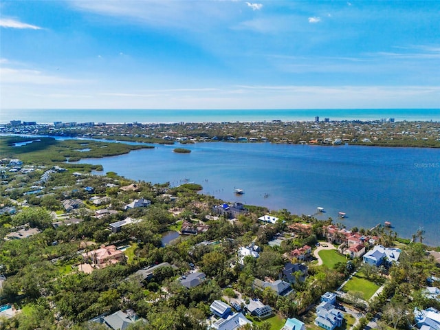 drone / aerial view featuring a water view