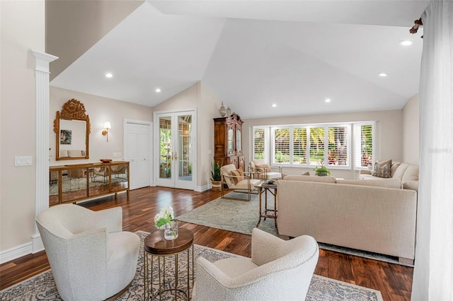 living room featuring decorative columns, french doors, high vaulted ceiling, and dark hardwood / wood-style floors