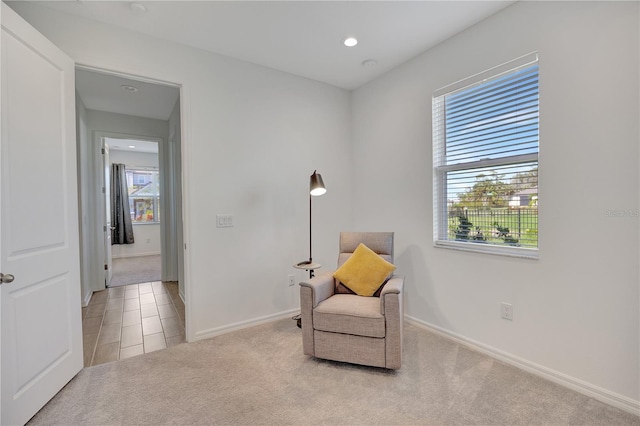 sitting room featuring light carpet