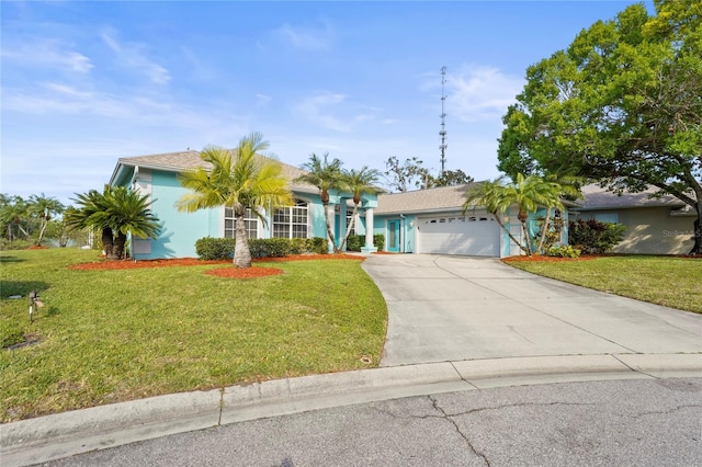 view of front of property featuring stucco siding, an attached garage, concrete driveway, and a front lawn