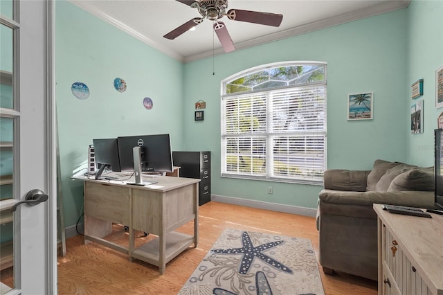 office with crown molding, light wood-style flooring, plenty of natural light, and baseboards