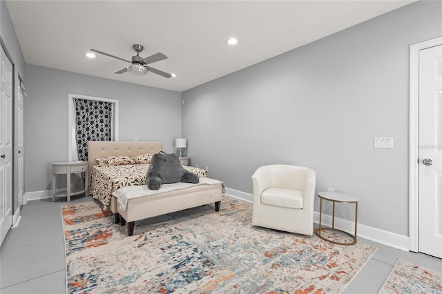 bedroom featuring recessed lighting, baseboards, and ceiling fan