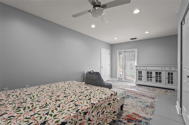 bedroom featuring baseboards, recessed lighting, visible vents, and ceiling fan