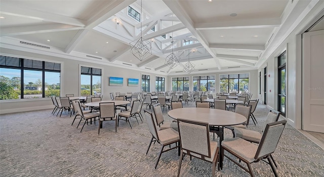 carpeted dining area featuring beam ceiling and coffered ceiling