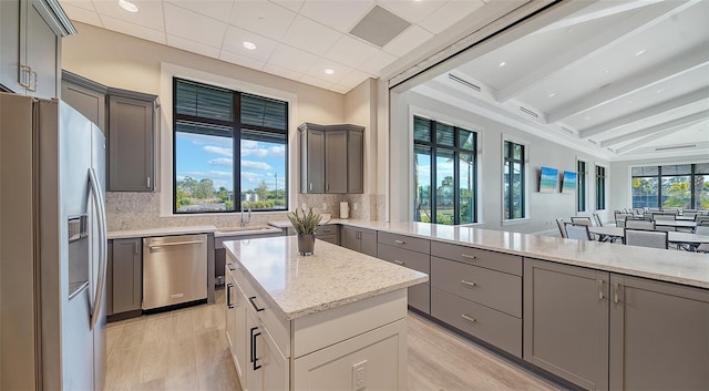 kitchen featuring decorative backsplash, a wealth of natural light, stainless steel appliances, and light hardwood / wood-style floors