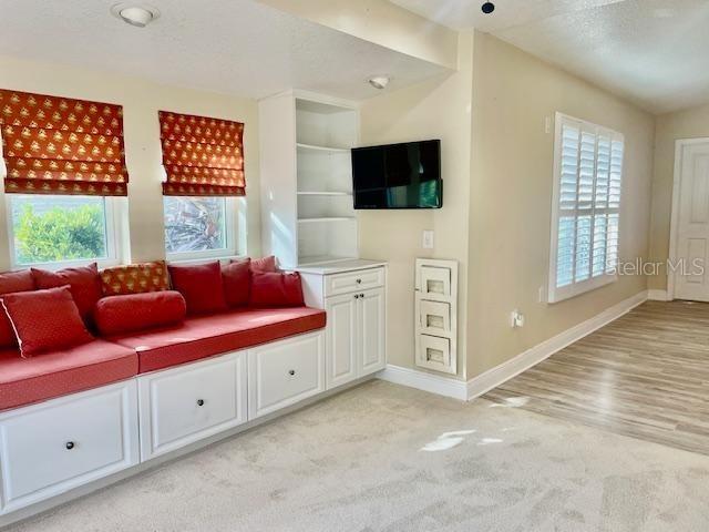 carpeted living room featuring a textured ceiling