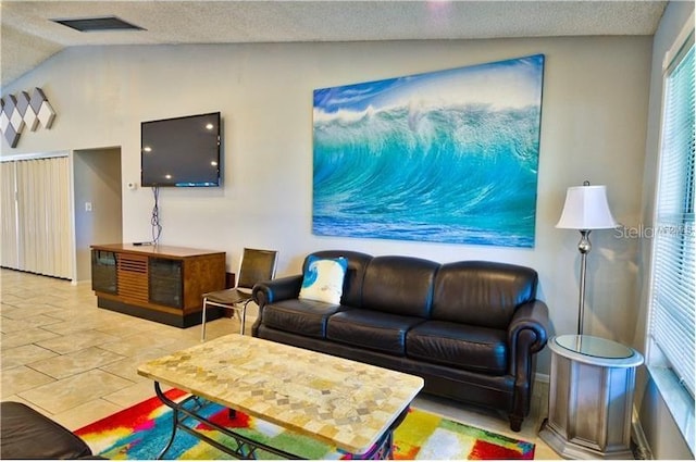 living room with lofted ceiling and a textured ceiling