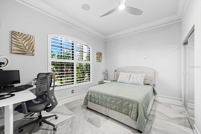 bedroom with ornamental molding and ceiling fan