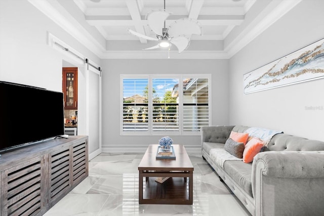 living room with ceiling fan, a barn door, coffered ceiling, and beam ceiling