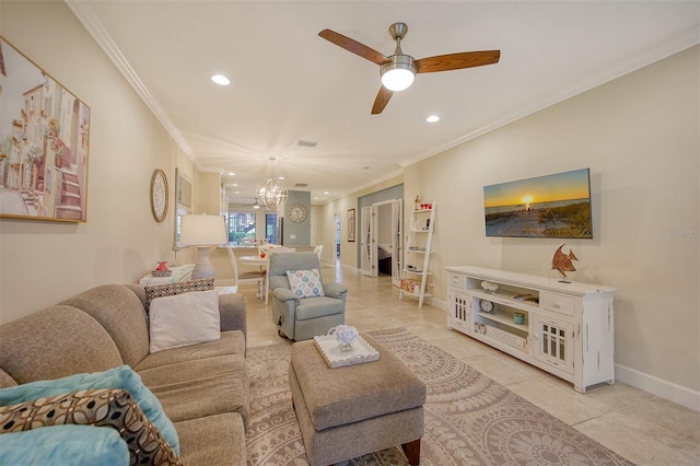 living room with light tile patterned floors, ceiling fan with notable chandelier, and crown molding