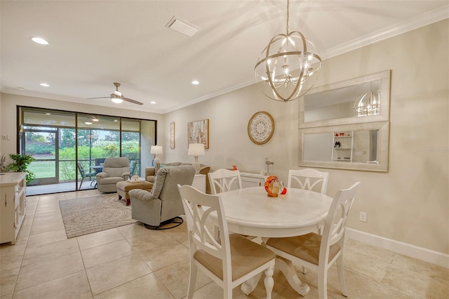 dining room featuring crown molding, light tile patterned floors, and ceiling fan with notable chandelier