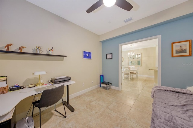 office featuring ceiling fan with notable chandelier, lofted ceiling, and light tile patterned floors