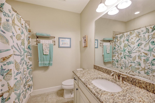 bathroom with tile patterned floors, vanity, toilet, and a shower with shower curtain