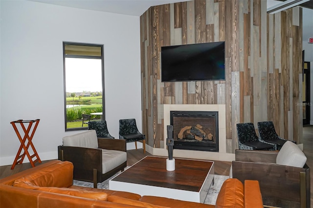 living room featuring wood-type flooring and a fireplace