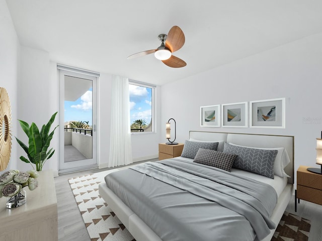 bedroom featuring access to exterior, ceiling fan, and light wood-type flooring