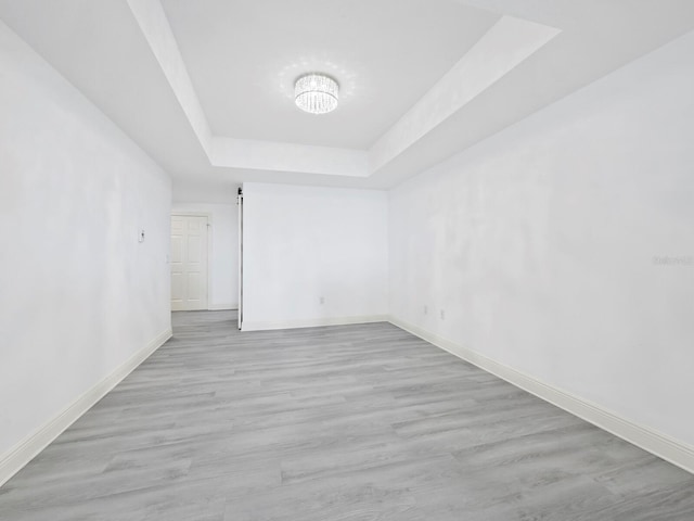 empty room featuring light wood-type flooring and a tray ceiling