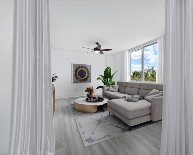 living room with ceiling fan and light wood-type flooring