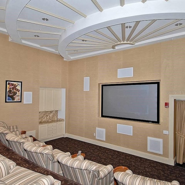 home theater with beam ceiling