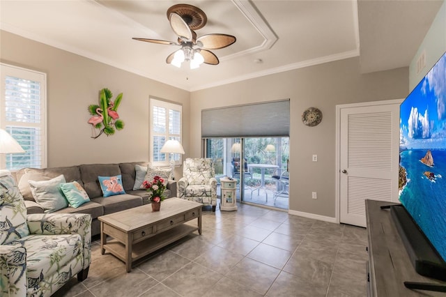 tiled living room featuring ceiling fan and crown molding