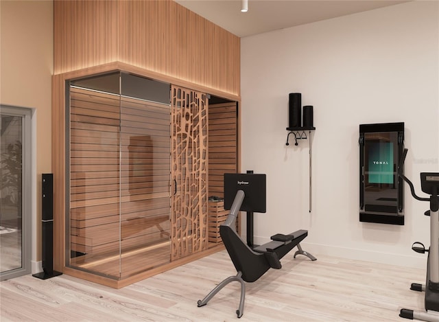 exercise room featuring light hardwood / wood-style floors