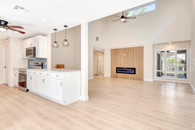 kitchen with white cabinets, appliances with stainless steel finishes, light hardwood / wood-style floors, and ceiling fan