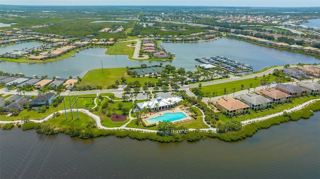 drone / aerial view featuring a water view