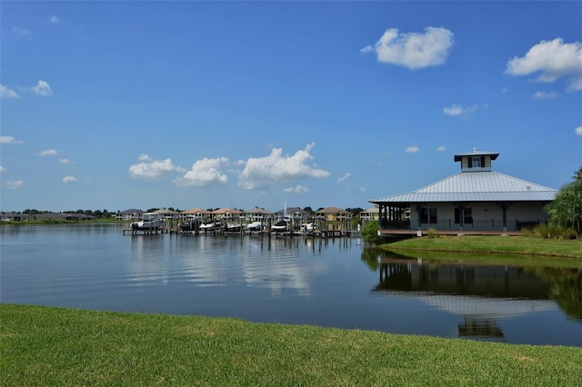 water view featuring a gazebo and a boat dock