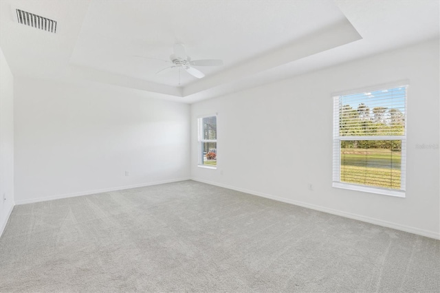 spare room featuring light carpet, a raised ceiling, ceiling fan, and a healthy amount of sunlight