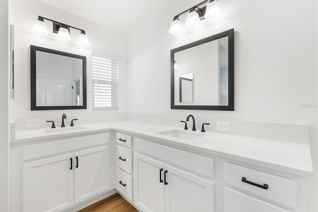 bathroom with vanity and wood-type flooring