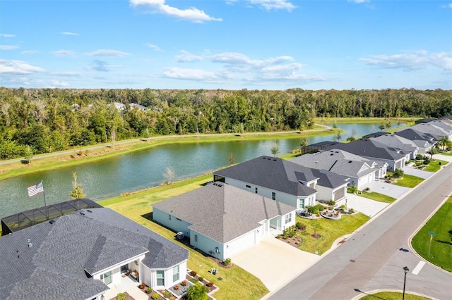 drone / aerial view with a water view