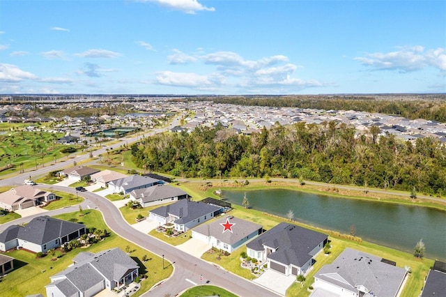 drone / aerial view featuring a water view