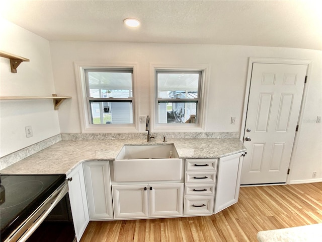 kitchen featuring white cabinets, light stone counters, light hardwood / wood-style flooring, and sink