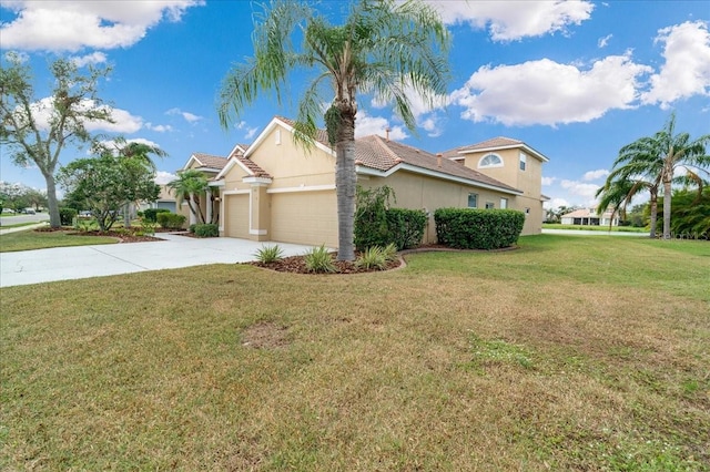 view of property exterior with a garage and a yard