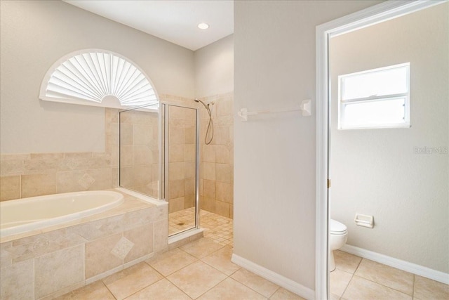 bathroom with separate shower and tub, tile patterned flooring, and toilet