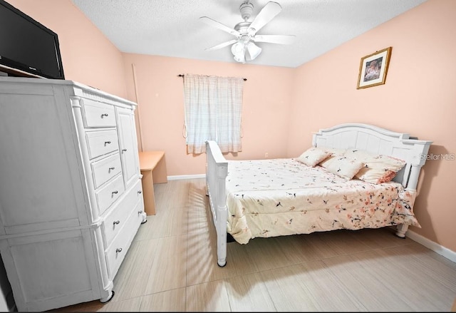 bedroom featuring a textured ceiling and ceiling fan